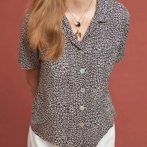 Anthropologie Beachgold Leopard Print Button Down Collared Flowy Beachy Blouse